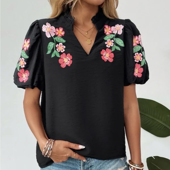 THML Tops - THML Black Blouse with Bright Floral & Bird Embroidery